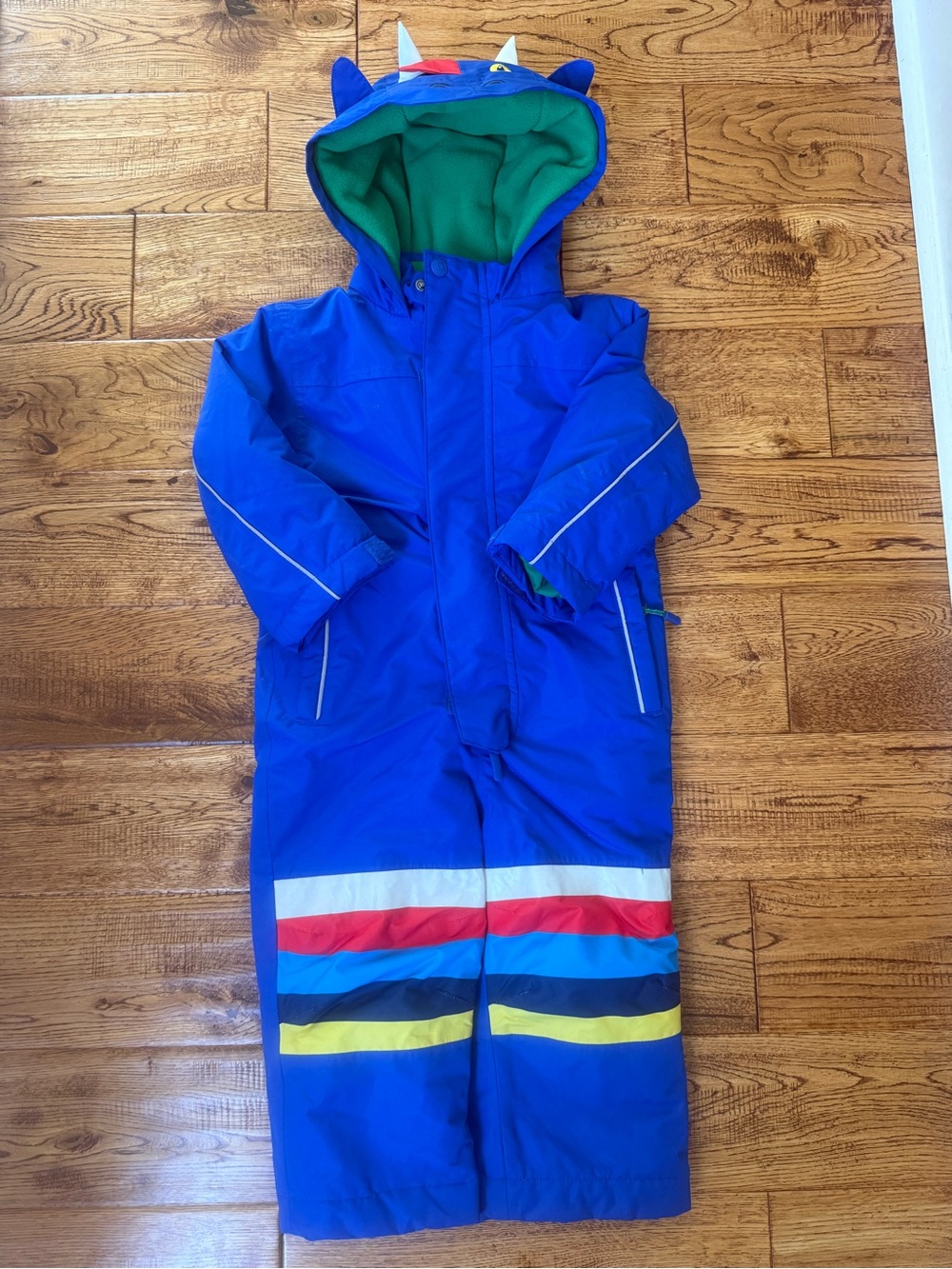 Mini Boden Blue Dragon Kids Hooded Snow Suit with Multicolor Stripes